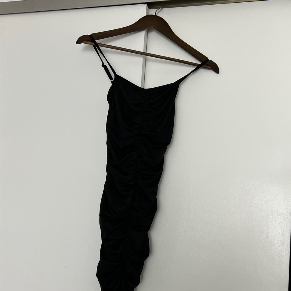 Black Ruched Mini Slip Dress with Spaghetti Straps